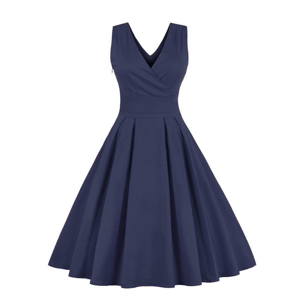 LOVECCR Cross-Border Women's Clothing New Deep V Sexy Evening Dress Solid Color Retro Dress Pettiskirt Big Swing Skirt 1325