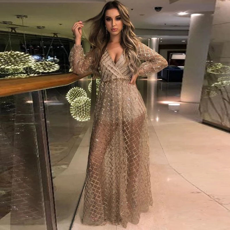 2025 New summer new 2025 women's clothing sexy V-neck backless dress sequined mesh evening dress, long dress