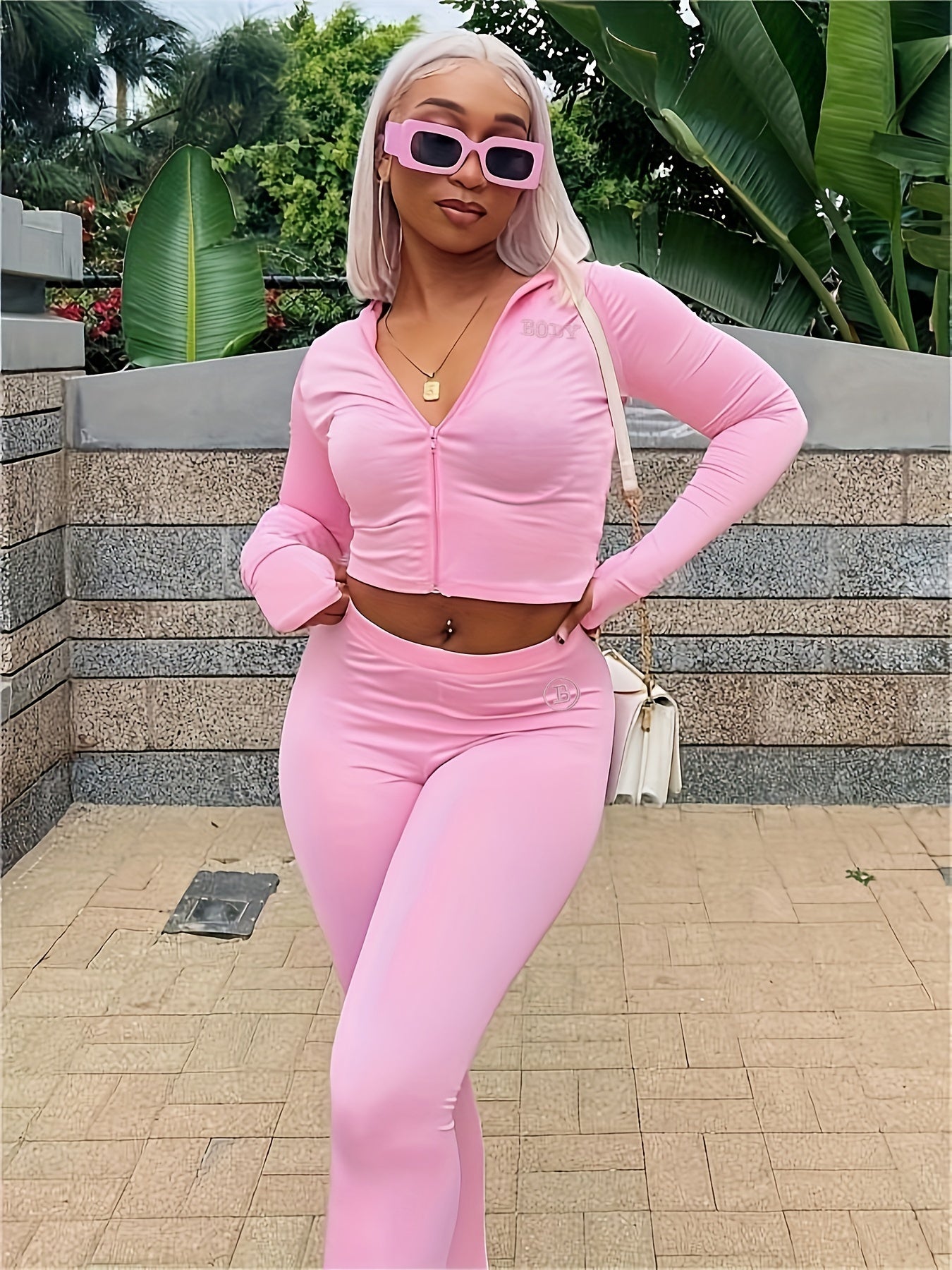 Trendy Two-Piece Crop Top and Pants Outfit - Sleek Solid Design, Long Sleeve Zip Hooded Top, Super Skinny Pants, Effortlessly Casual Style, Complete Womens Clothing Set for Everyday Wear