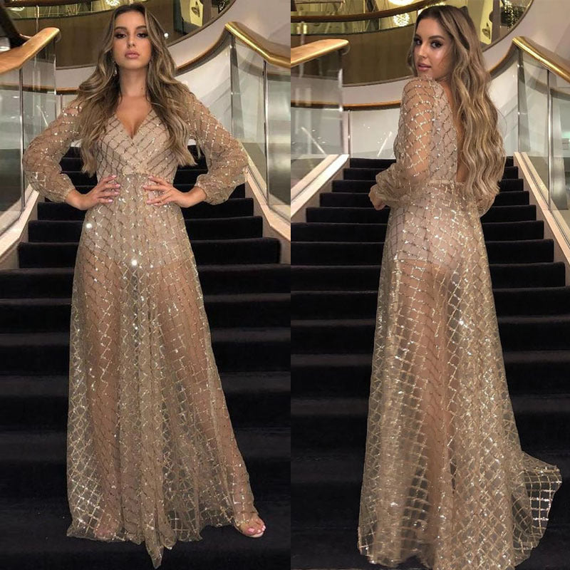 2025 New summer new 2025 women's clothing sexy V-neck backless dress sequined mesh evening dress, long dress