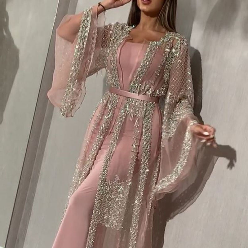 LOVECCR Cross-Border New Arrival European and American Foreign Trade Women's Clothing Bronzing Large Swing Dress Sexy Dress Shawl Banquet Evening Dress
