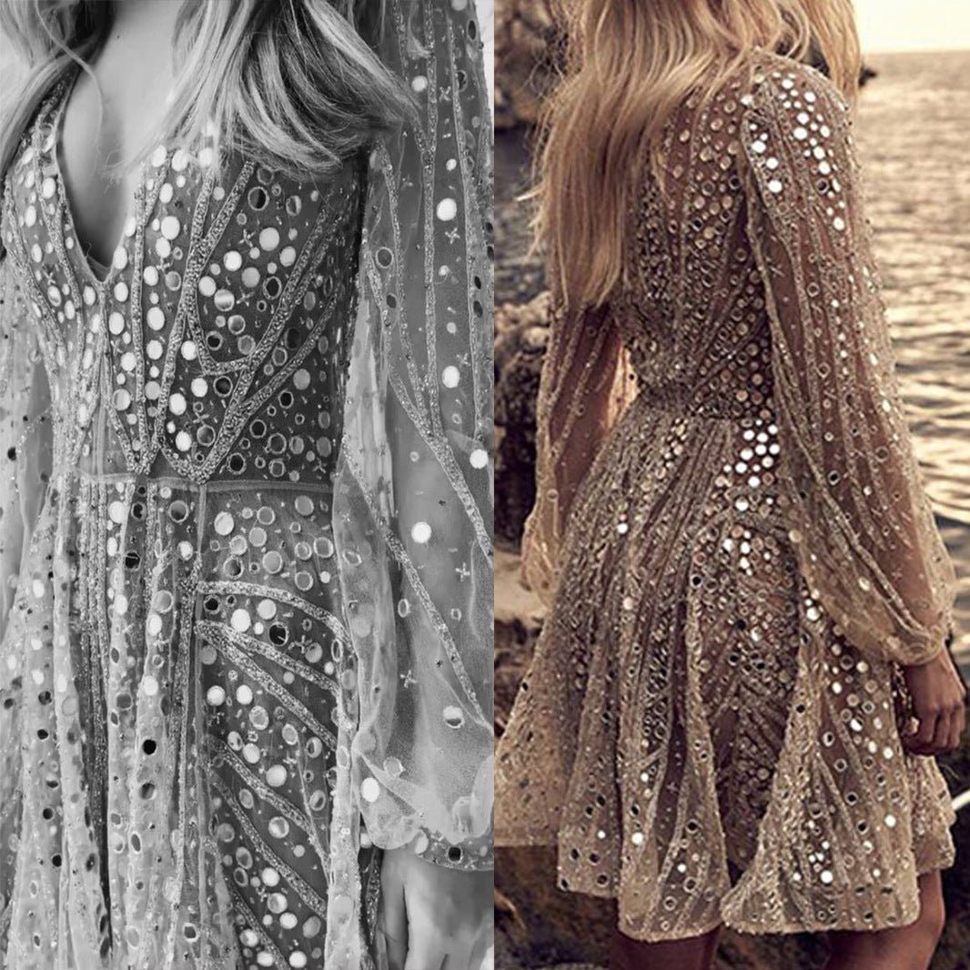 2025 spring and summer new New 2025 women's clothing , dress long sleeve deep V medium skirt perspective sprinkling gold dress
