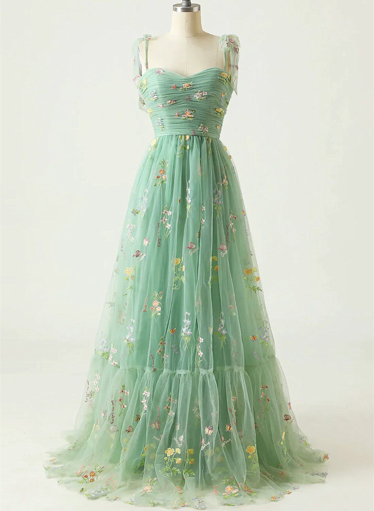 LOVECCRA-line Green Straps Sweetheart Floral Tulle Prom Dress, Green Tulle Evening Dress