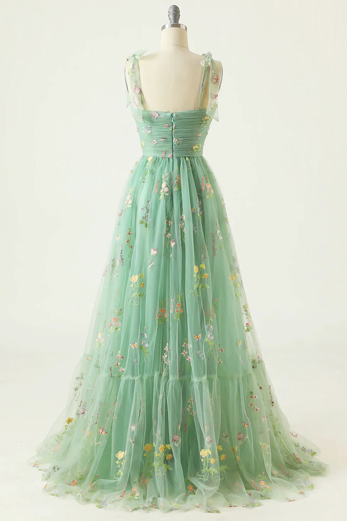 LOVECCRA-line Green Straps Sweetheart Floral Tulle Prom Dress, Green Tulle Evening Dress