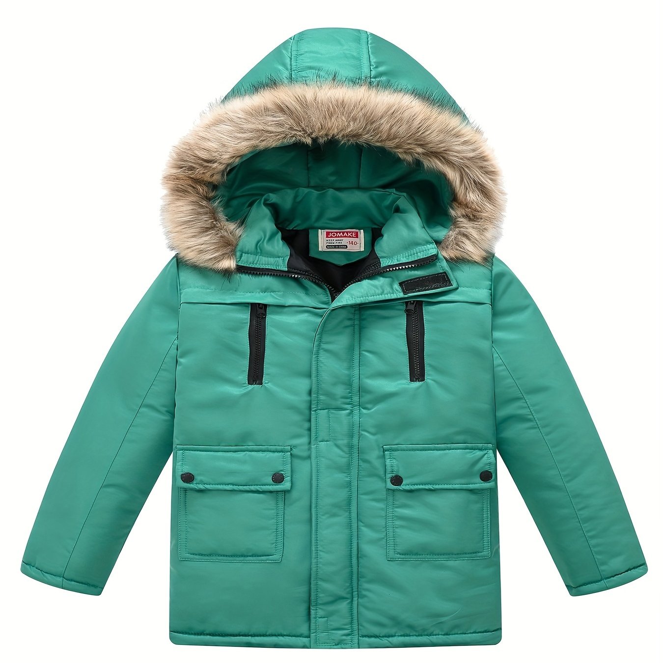 Teenagers Lapel Collar Winter Coat - Detachable Hood, Zipper Closure, Polyester Fabric, Regular Fit, Hand Washable - Solid Color, Casual Style, Woven Construction