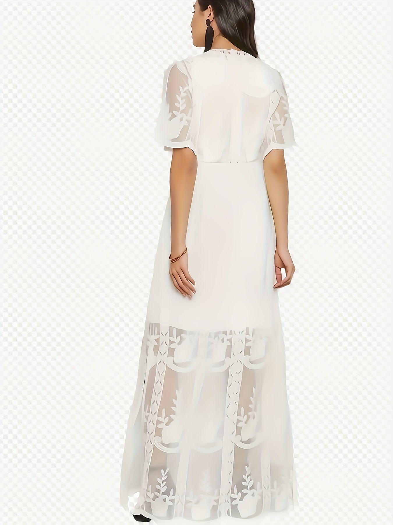 Romantic Lace Plunge Neck A-line Dress - Flirty Short Sleeves, Adjustable Split Hem for Spring & Summer Vacations - Womens Chic Casual Wear