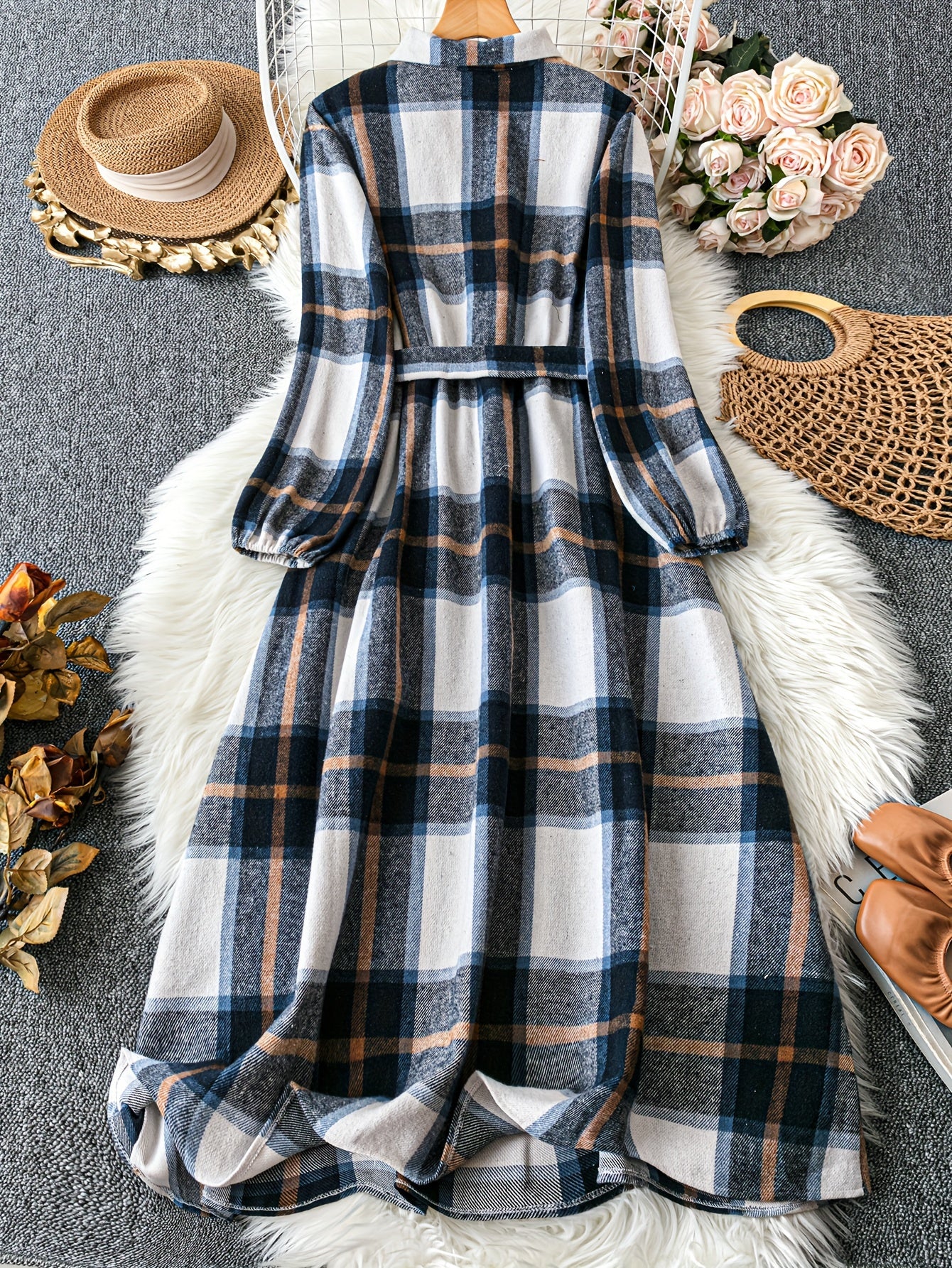 Stylish Plus Size Plaid Pattern Dress - Elegant Long Sleeve Dresses for Women - Fall Fashion, Button Front, Collared, Comfortable, Chic, and Flattering Clothing for Curvy Ladies