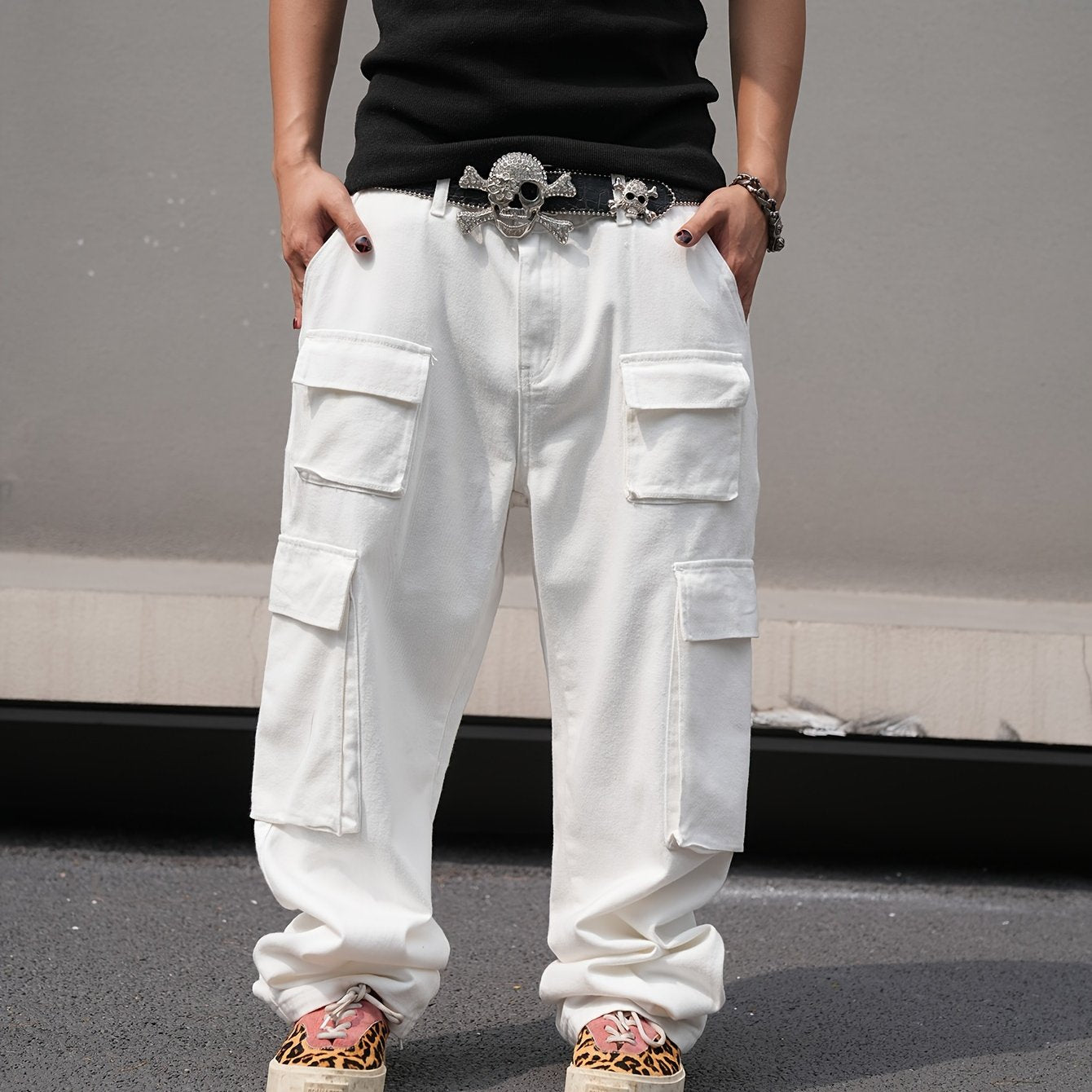 Men's Loose 100% Cotton Solid Denim Cargo Pants With Multi Pockets, Causal Jeans For Outdoor Activities