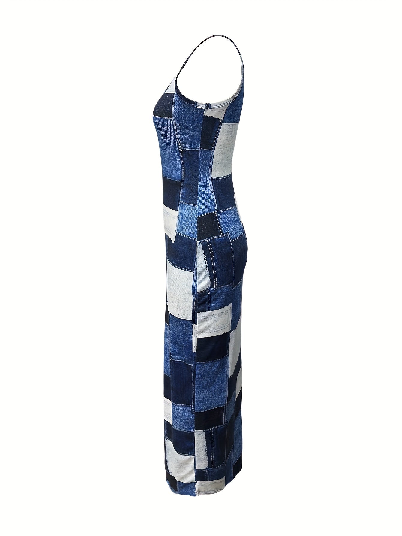 Patchwork Print Bodycon Dress, Elegant Spaghetti Strap Sleeveless Dress, Women's Clothing