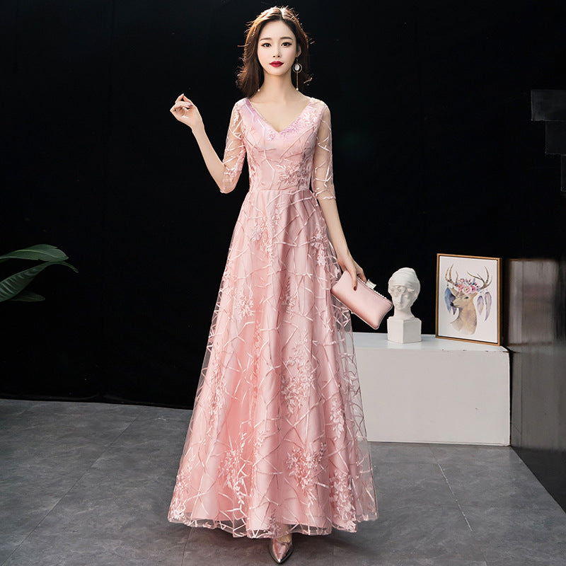 LOVECCR New Spring Concise Elegant Chinese Style Bridesmaid Dress Toast Dress Pink Chinese Style Long Banquet Evening Dress