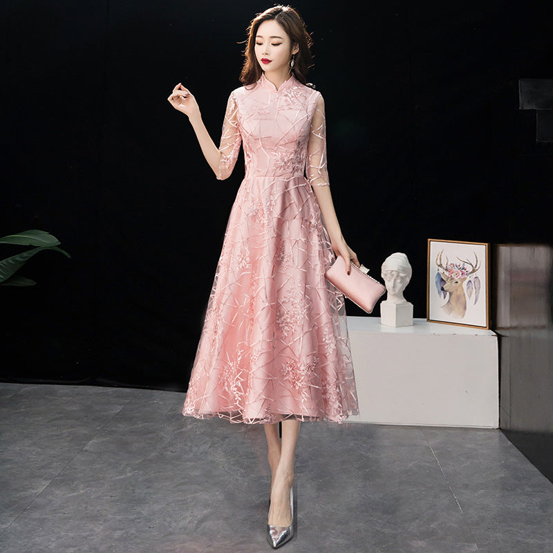 LOVECCR New Spring Concise Elegant Chinese Style Bridesmaid Dress Toast Dress Pink Chinese Style Long Banquet Evening Dress