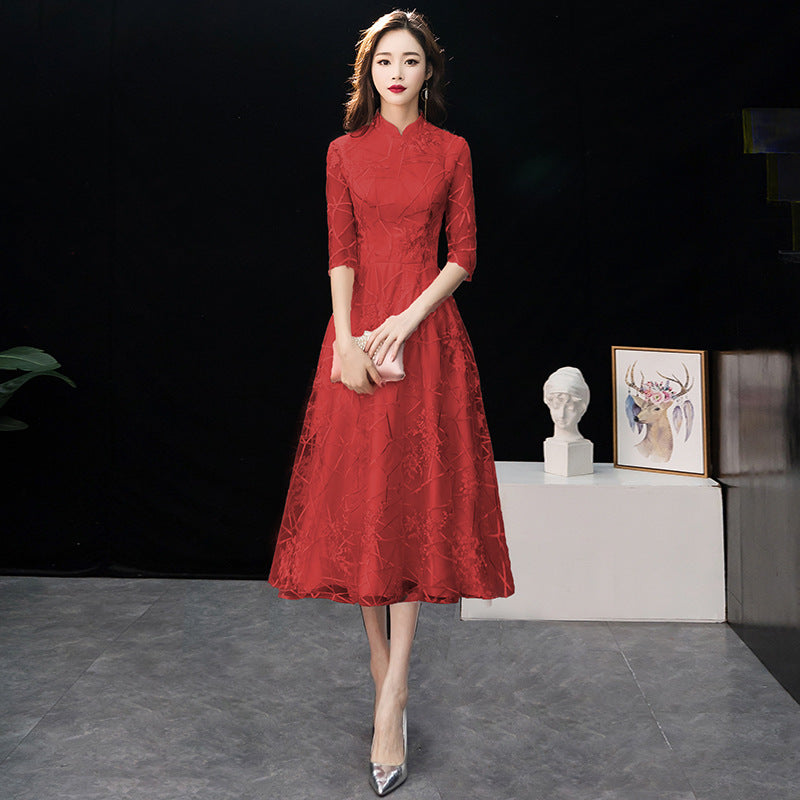 LOVECCR New Spring Concise Elegant Chinese Style Bridesmaid Dress Toast Dress Pink Chinese Style Long Banquet Evening Dress