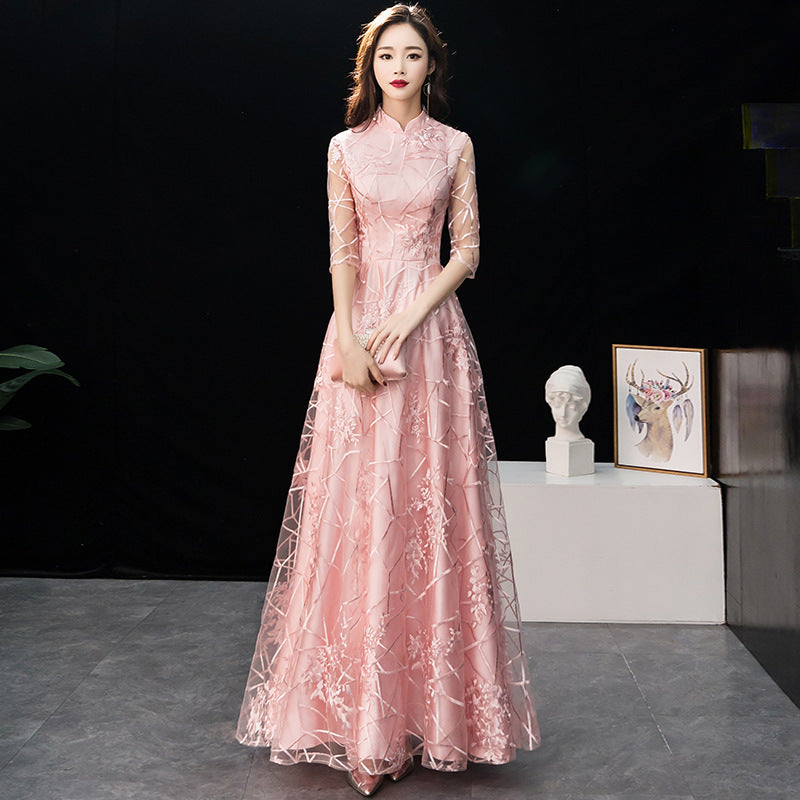 LOVECCR New Spring Concise Elegant Chinese Style Bridesmaid Dress Toast Dress Pink Chinese Style Long Banquet Evening Dress
