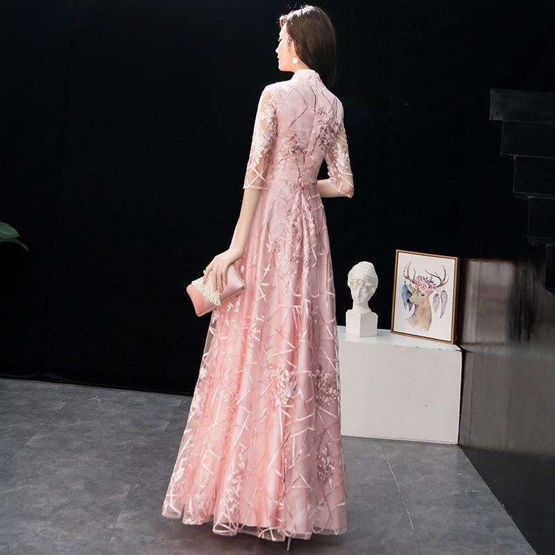 LOVECCR New Spring Concise Elegant Chinese Style Bridesmaid Dress Toast Dress Pink Chinese Style Long Banquet Evening Dress