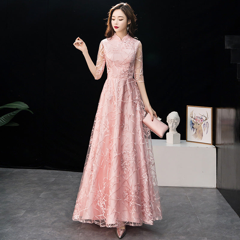 LOVECCR New Spring Concise Elegant Chinese Style Bridesmaid Dress Toast Dress Pink Chinese Style Long Banquet Evening Dress