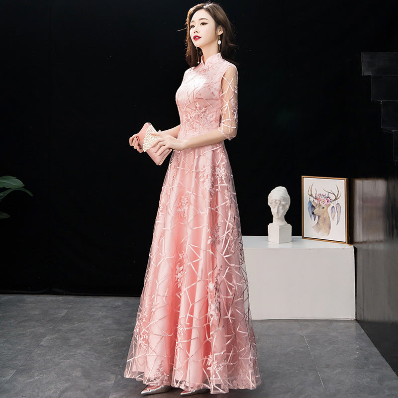 LOVECCR New Spring Concise Elegant Chinese Style Bridesmaid Dress Toast Dress Pink Chinese Style Long Banquet Evening Dress