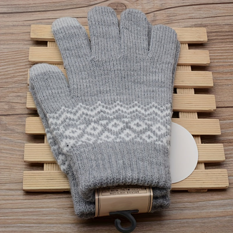Stylish Jacquard Knitted Gloves Women's Short Elastic Full Finger Touchscreen Gloves Winter Warm Writing Gloves