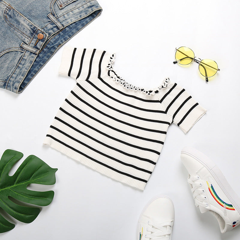 LOVECCR New Popular trade summer new 2025 one-word shoulder striped navel top short-sleeved fungus edge short t-shirt