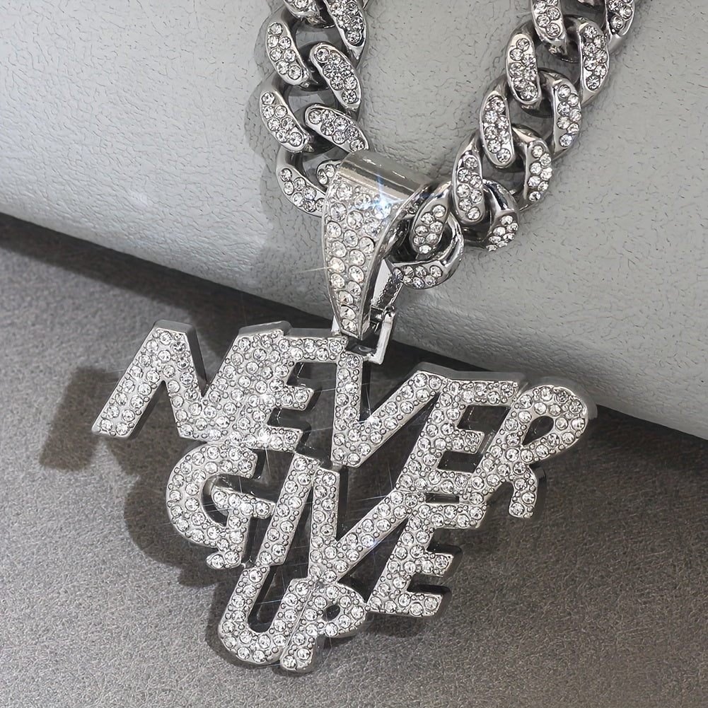 Glittering NEVERGIVEUP Pendant Necklace with Icy Cuban Chain - Trend-Setting Hip Hop Choker for Bold Men and Women