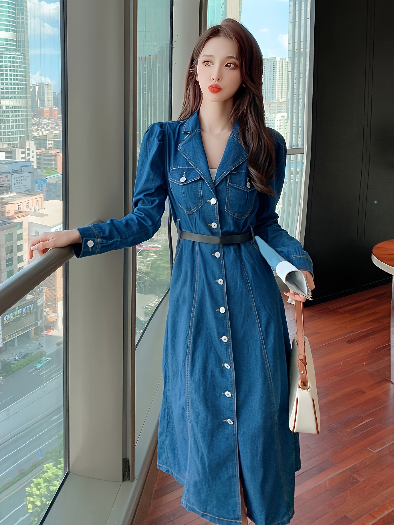 Turndown Collar Button Up Denim Dress, Long Sleeve Elegant Fitted Denim Dress With Flap Pocket, Women's Denim Clothing