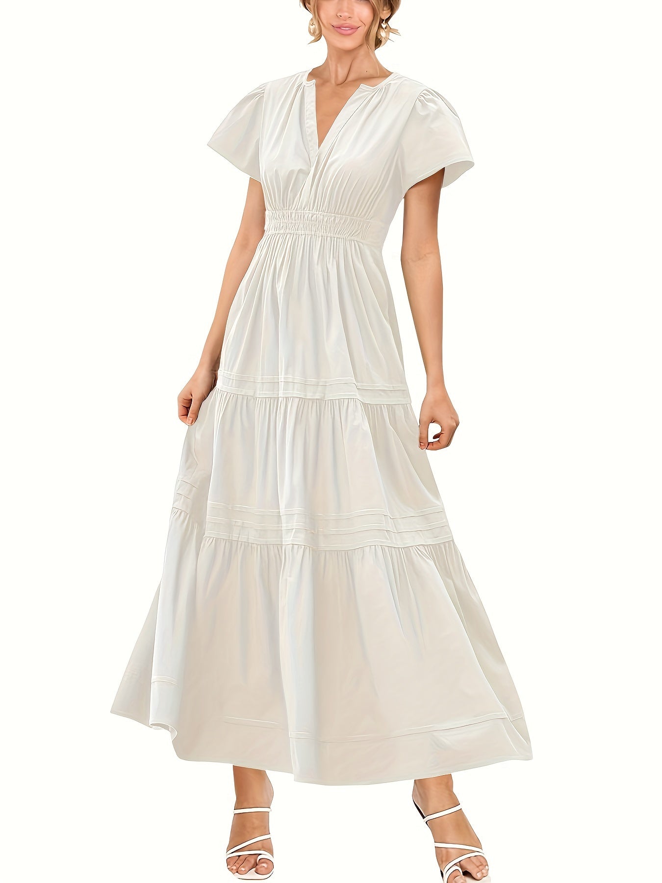 Solid Color V Neck Maxi Dress, Boho Short Sleeve Elastic Waist A Line Flowy Dress, Women's Clothing