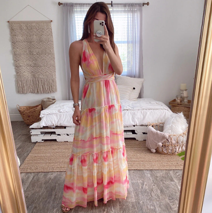 2025 New summer new 2025 women's clothing gradual change deep V dress suspender waist back irregular, long dress