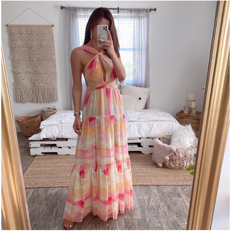 2025 New summer new 2025 women's clothing gradual change deep V dress suspender waist back irregular, long dress