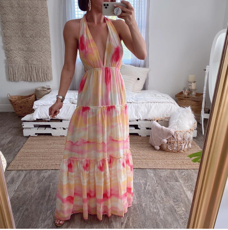 2025 New summer new 2025 women's clothing gradual change deep V dress suspender waist back irregular, long dress