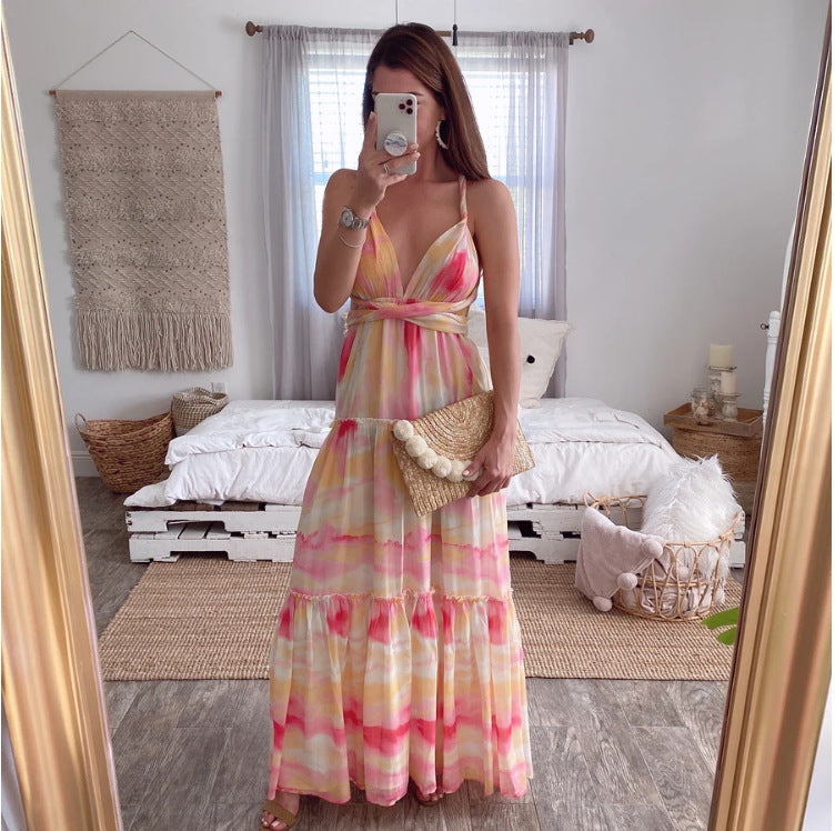 2025 New summer new 2025 women's clothing gradual change deep V dress suspender waist back irregular, long dress