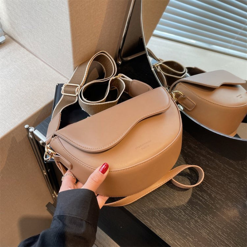 Timeless Vintage Saddle Bag - Solid Hue, All-Match Style - Colorblock Wide Strap for Comfortable, Versatile Wear