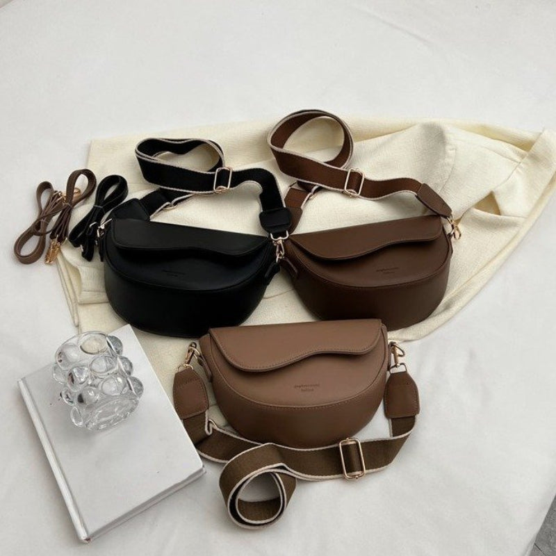 Timeless Vintage Saddle Bag - Solid Hue, All-Match Style - Colorblock Wide Strap for Comfortable, Versatile Wear