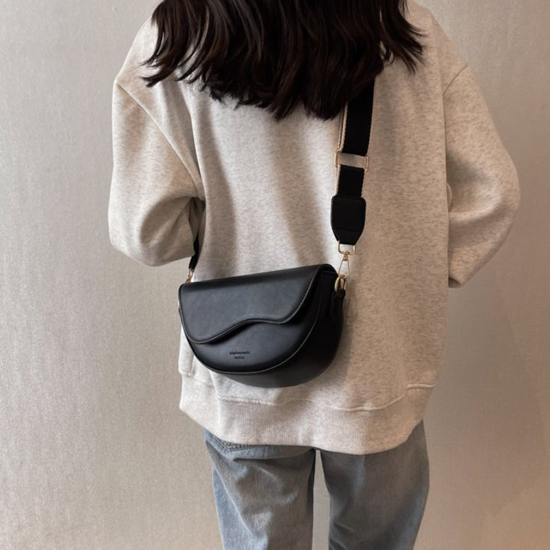 Timeless Vintage Saddle Bag - Solid Hue, All-Match Style - Colorblock Wide Strap for Comfortable, Versatile Wear