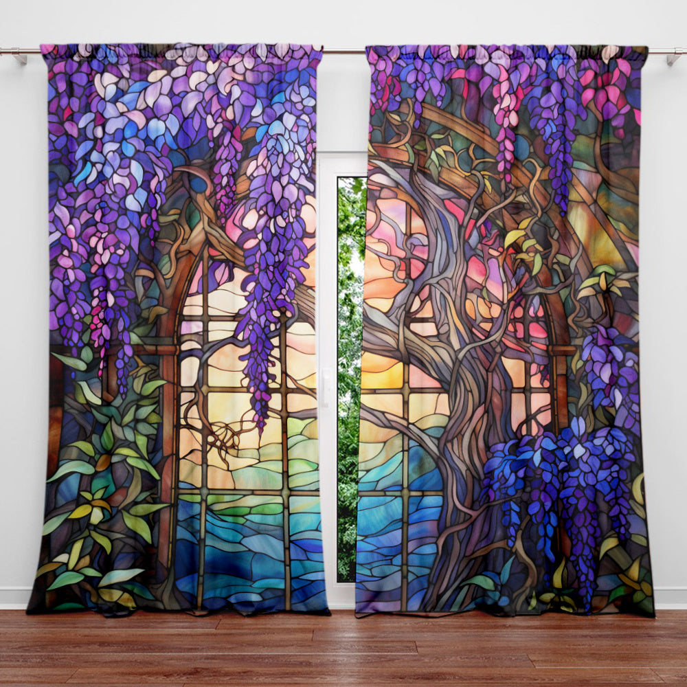 2pcs Stained Glass Flower Wisteria Printed Curtain For Home Decor Rod Pocket Window Treatment For Bedroom, Office, Kitchen, Living Room, And Study