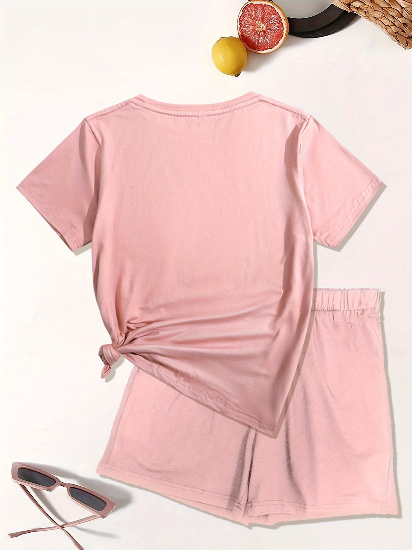 Trendy Two-Piece Heart Print Pantsuit - Casual Crew Neck Short Sleeve T-shirt & Elastic Waist Slant Pocket Shorts Outfit - Comfortable Women's Clothing for Daily Wear