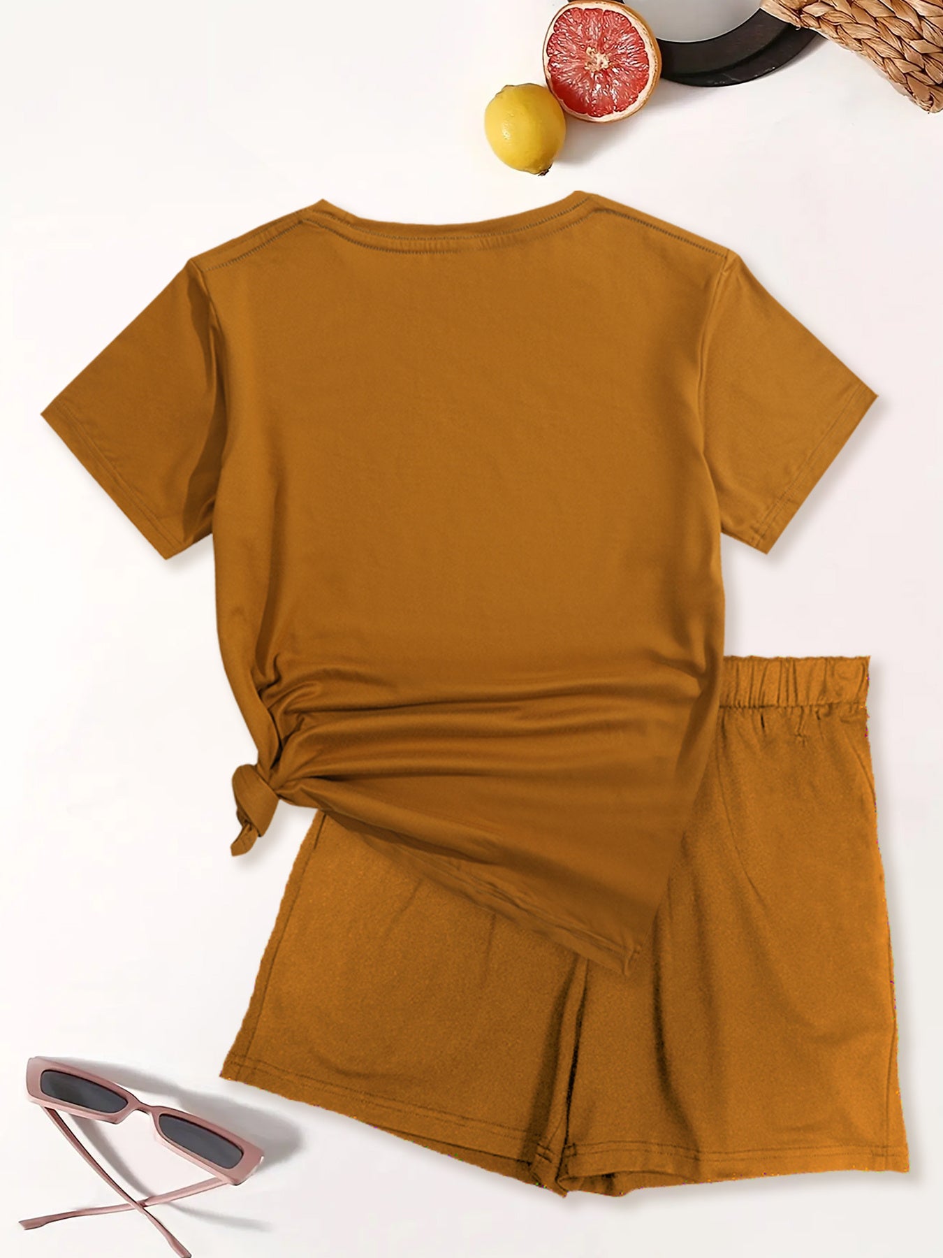 Trendy Two-Piece Heart Print Pantsuit - Casual Crew Neck Short Sleeve T-shirt & Elastic Waist Slant Pocket Shorts Outfit - Comfortable Women's Clothing for Daily Wear