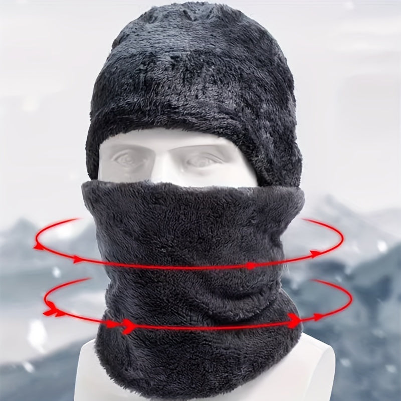 Winter Fleece-Lined Knitted Beanie and Scarf Set - Unisex Polyester Skull Cap with Face Cover for Outdoor Skiing, Casual Style Full Face Warmer with Knitted Weave - Multipurpose Thermal Hat and Neck Gaiter Combo