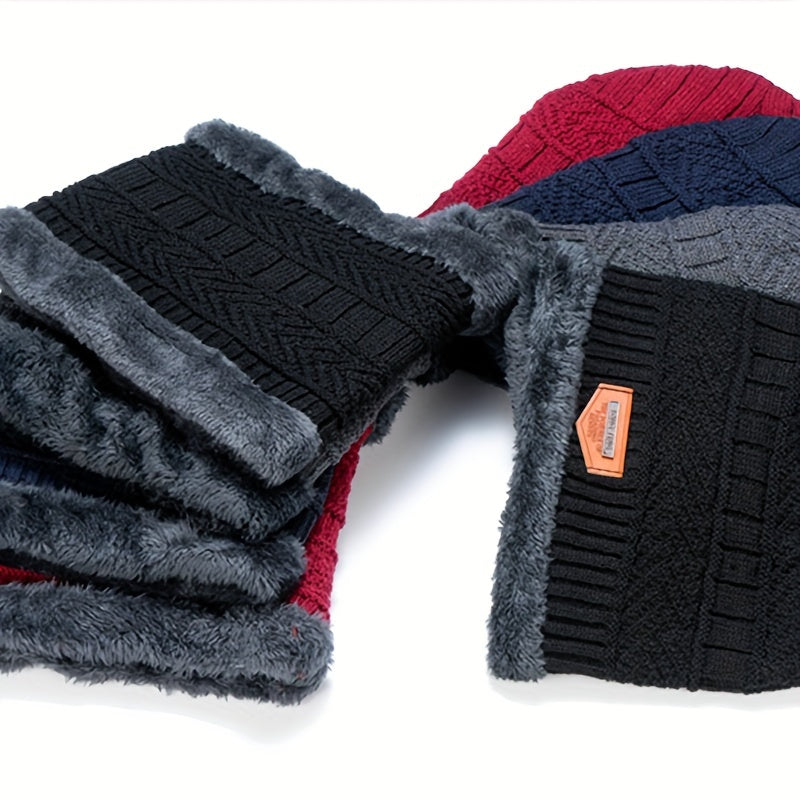 Winter Fleece-Lined Knitted Beanie and Scarf Set - Unisex Polyester Skull Cap with Face Cover for Outdoor Skiing, Casual Style Full Face Warmer with Knitted Weave - Multipurpose Thermal Hat and Neck Gaiter Combo