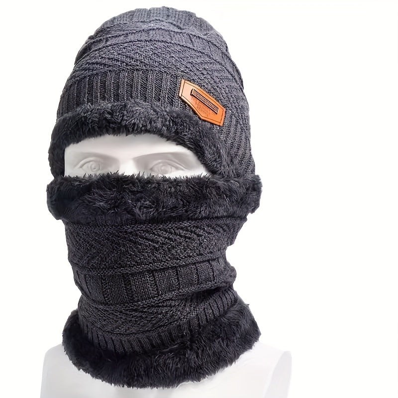 Winter Fleece-Lined Knitted Beanie and Scarf Set - Unisex Polyester Skull Cap with Face Cover for Outdoor Skiing, Casual Style Full Face Warmer with Knitted Weave - Multipurpose Thermal Hat and Neck Gaiter Combo