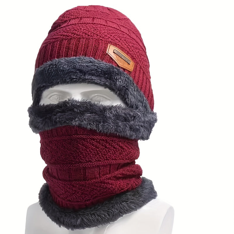 Winter Fleece-Lined Knitted Beanie and Scarf Set - Unisex Polyester Skull Cap with Face Cover for Outdoor Skiing, Casual Style Full Face Warmer with Knitted Weave - Multipurpose Thermal Hat and Neck Gaiter Combo