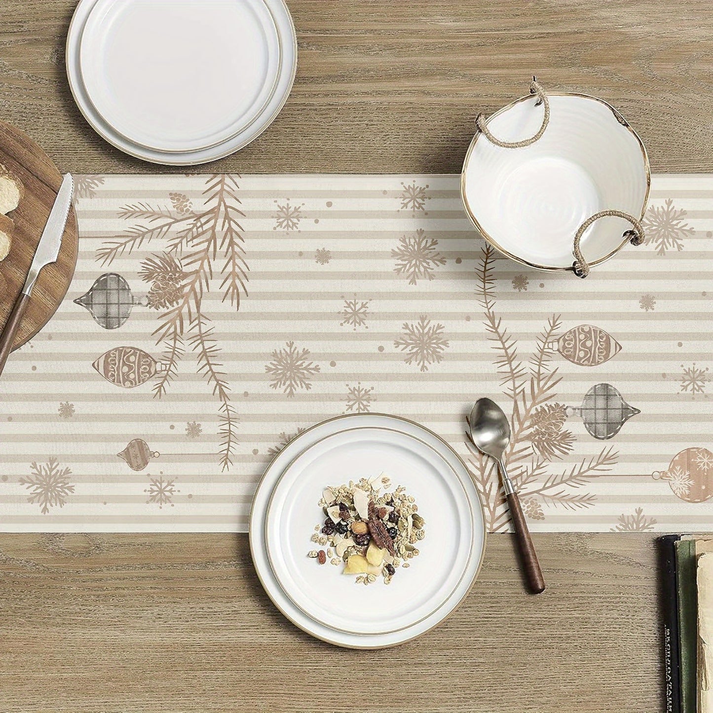 Farmhouse Christmas Table Runner - Brown Pine Tree & Striped Design, Polyester, Rectangular 13x72 inch - Perfect for Holiday Dining & Home Decor, Christmas Decor