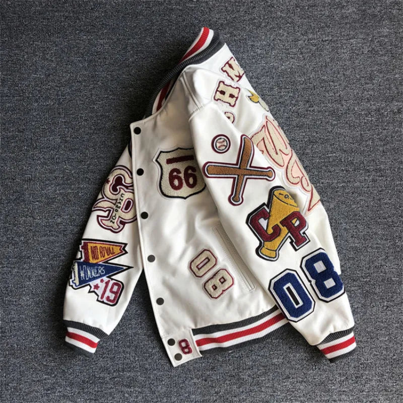 Jackets Men's Spring and Autumn Baseball Uniform Y2K Retro Trend Leather Jacket Heavy Industry Embroidery White Short Coat Ins