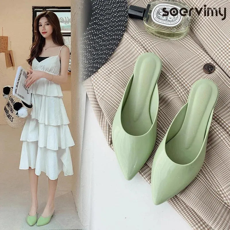 Slippers Thick Heel Plastic Mules Shoes Women Summer Sandals Pointed Toe Jelly Female Waterproof