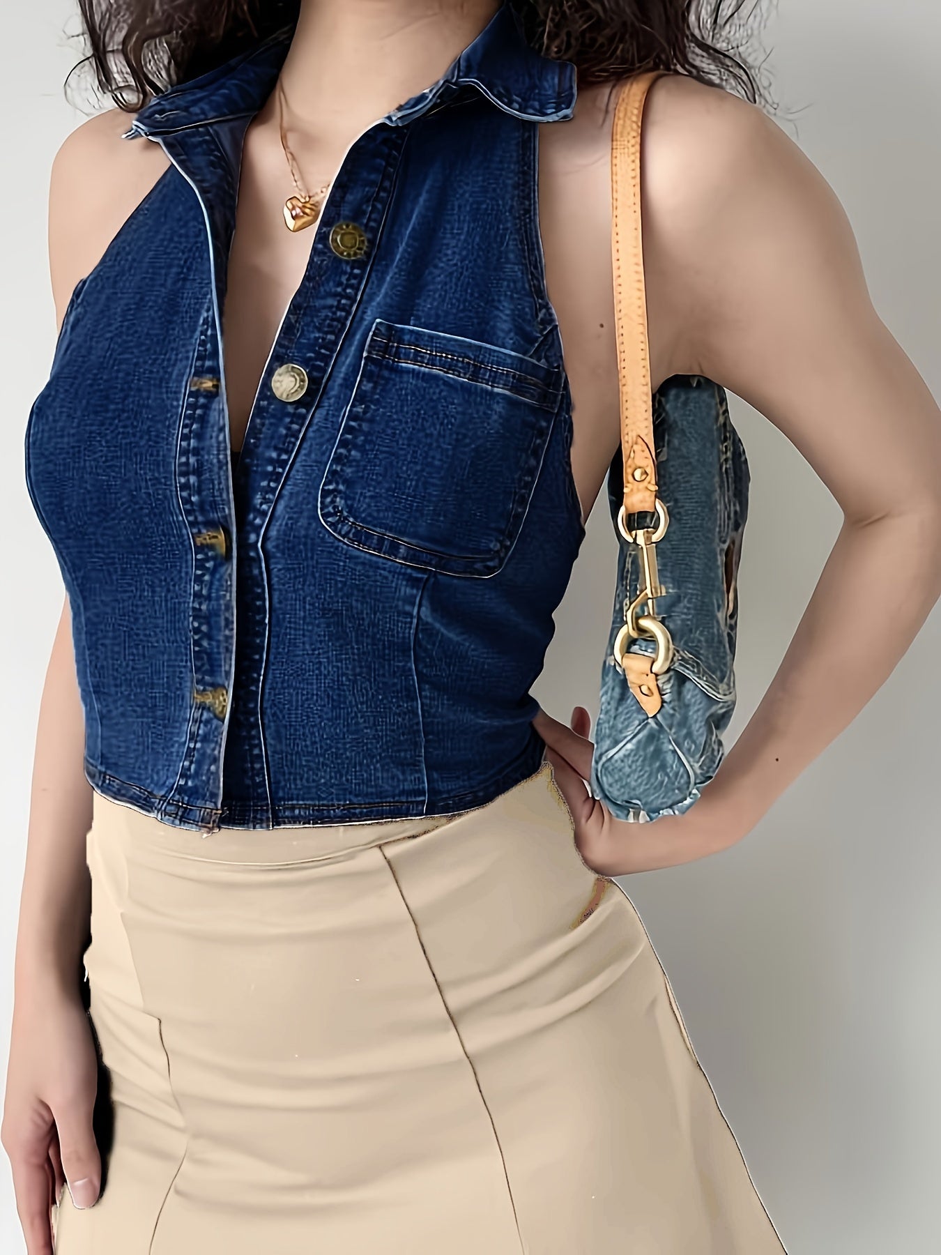 Stretchy Denim Top - Sleek Open Back Design, Halter Neck Style, Classic Single Button Front, Super Stretchy Fabric for Comfort - Deep Dark Washed Blue Color, Designed for Women