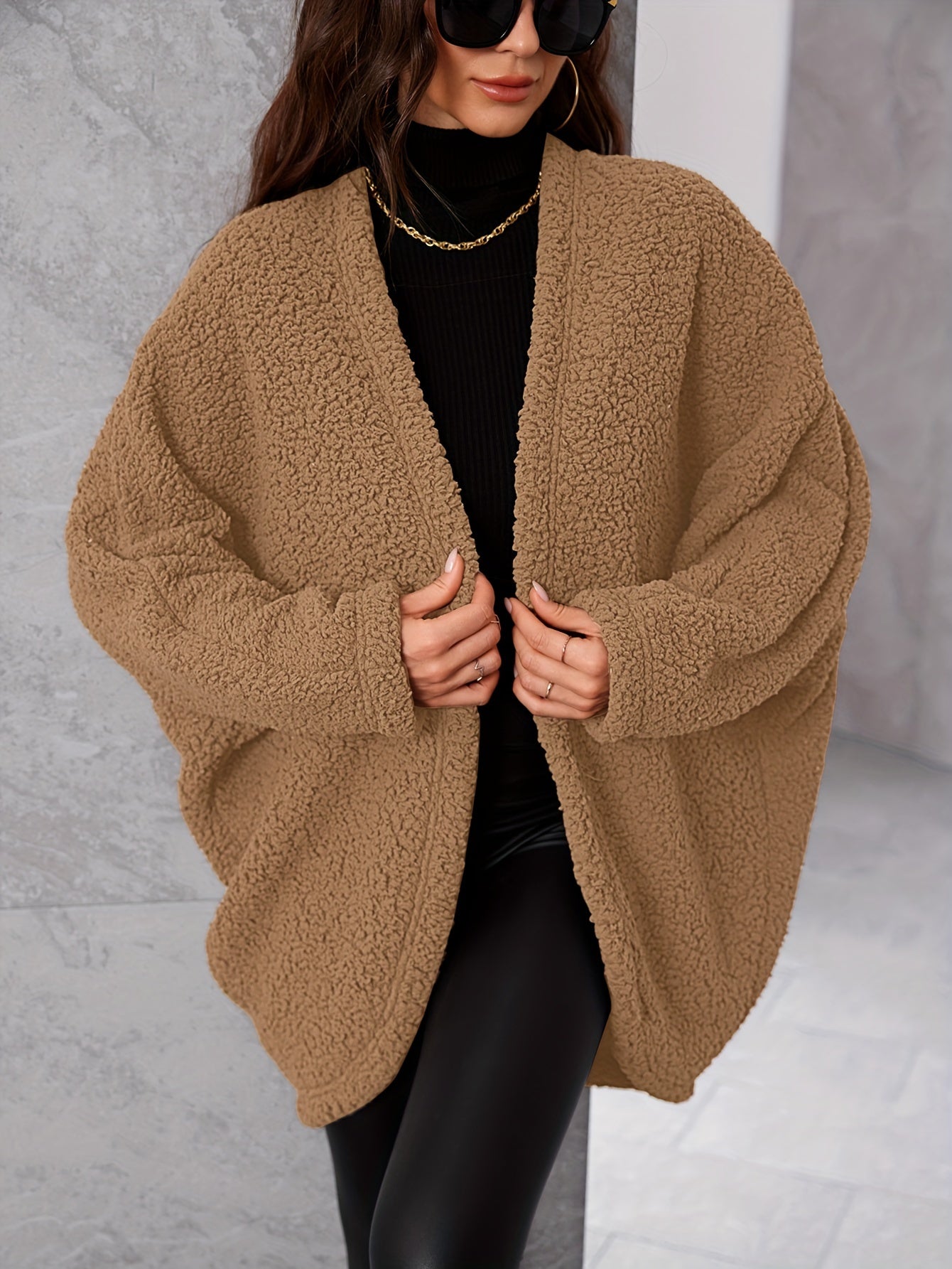 Stylish Batwing Sleeve Jacket - Soft, Solid Color, Open Front, Elegant Design, Warm Winter & Fall Wear, Women's Clothing, Versatile Outerwear for Daily Life