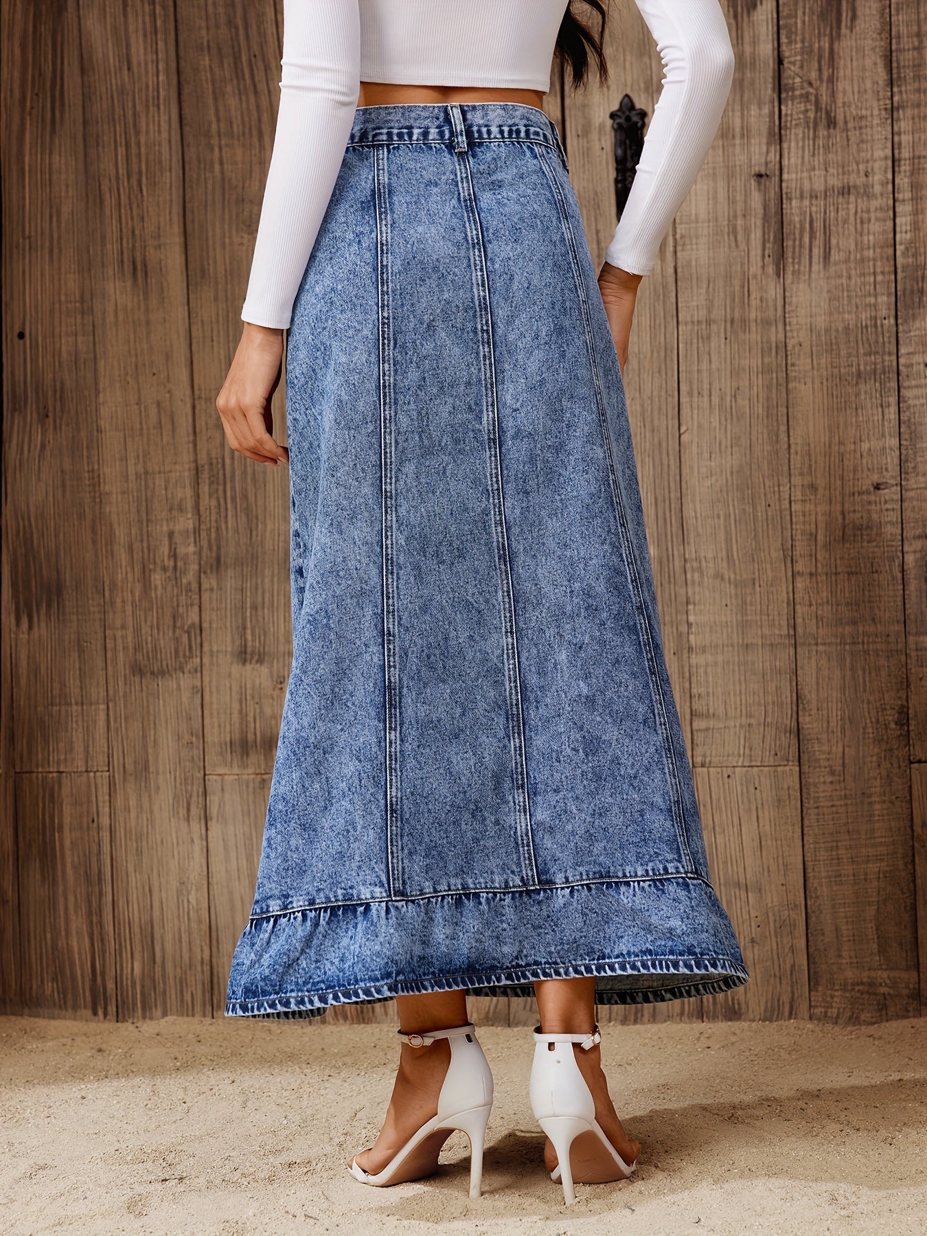 Vintage Washed Denim Maxi Circle Skirt - A-Line Single-Breasted Button Front, Frayed Hem, Non-Stretch, Solid Color, Woven, Casual Retro Style Jean Skirt for Summer - Customized, No Printing, No Sheer
