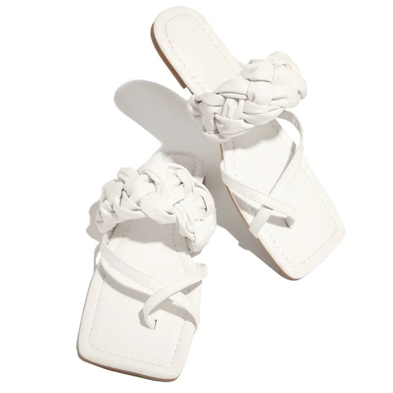 Slippers Women's Summer Sandals Casual Weave Sexy Outdoor Flip Flops Female Cross-tied Slides Flat Square Heel Plus Size 43