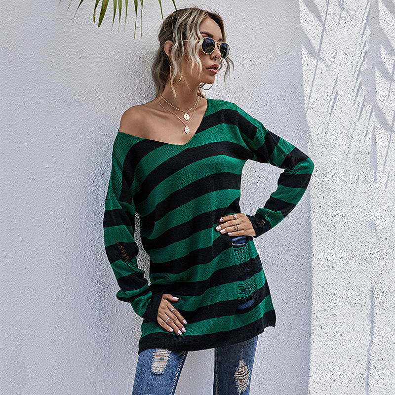 LOVECCR Popular, 2025, New medium and long thin v-neck striped sweater women's popular autumn ripped long-sleeved knitted sweater