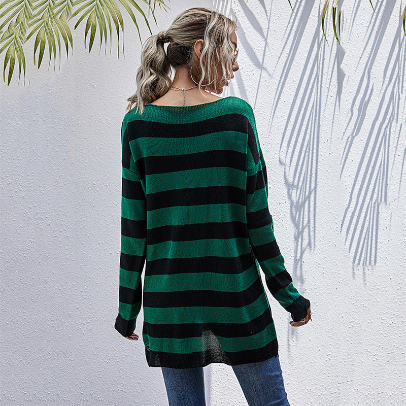 LOVECCR Popular, 2025, New medium and long thin v-neck striped sweater women's popular autumn ripped long-sleeved knitted sweater