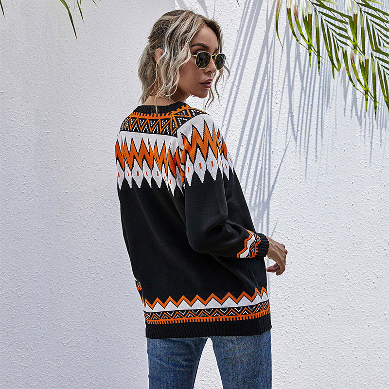 LOVECCR sweater women's pullover v-neck loose casual style contrasting top 2025 knitted sweater new autumn and winter