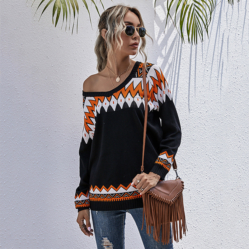 LOVECCR sweater women's pullover v-neck loose casual style contrasting top 2025 knitted sweater new autumn and winter